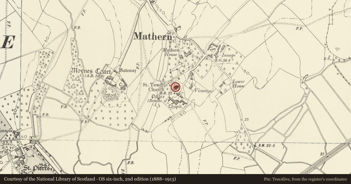 Ordnance Survey six-inch map, 2nd edition (1888–1913) covering the location of Church of St Tewdric, Mathern, Monmouthshire, with a pin at the register's coordinates