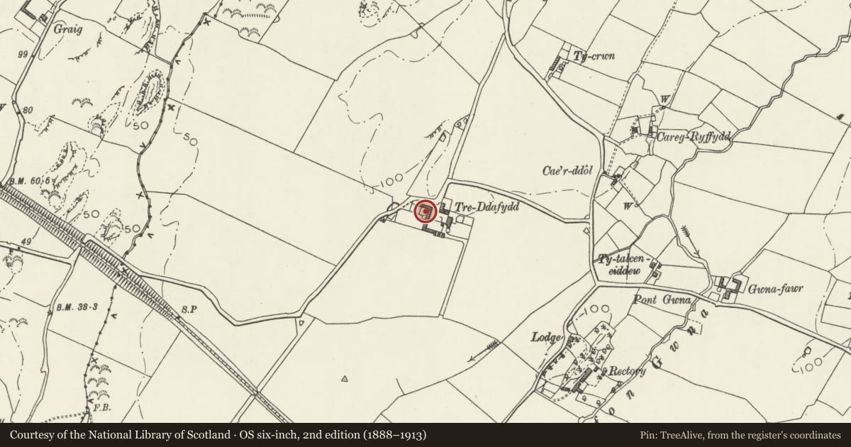 Ordnance Survey six-inch map, 2nd edition (1888–1913) covering the location of Agricultural range at Tre-Ddafydd-uchaf also known as Tre-Ddafydd-fawr, Bodorgan, Isle of Anglesey, with a pin at the register's coordinates
