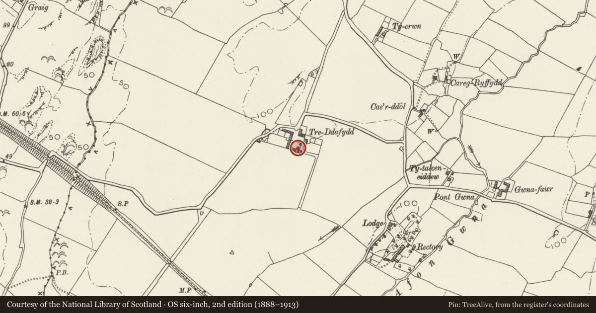 Ordnance Survey six-inch map, 2nd edition (1888–1913) covering the location of Boiling house and Pigsty at Tre-Ddafydd-uchaf, Bodorgan, Isle of Anglesey, with a pin at the register's coordinates