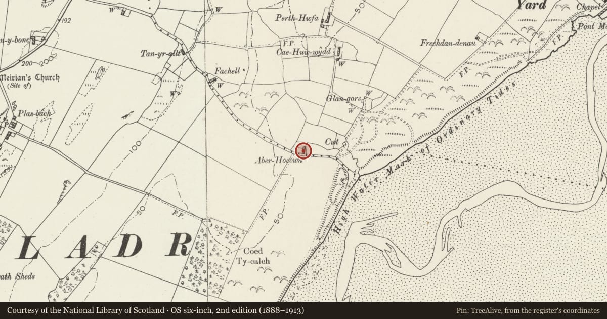 Ordnance Survey six-inch map, 2nd edition (1888–1913) covering the location of Aberhoccwn, Bodorgan, Isle of Anglesey, with a pin at the register's coordinates