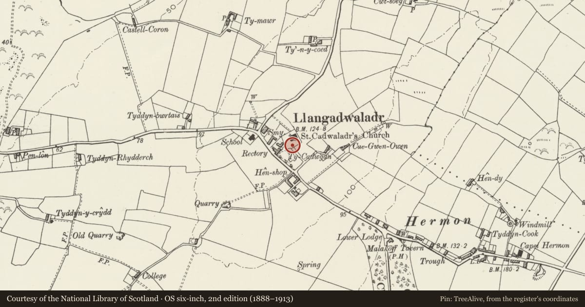 Ordnance Survey six-inch map, 2nd edition (1888–1913) covering the location of Churchyard gate to Church of St. Cadwaladr, Bodorgan, Isle of Anglesey, with a pin at the register's coordinates