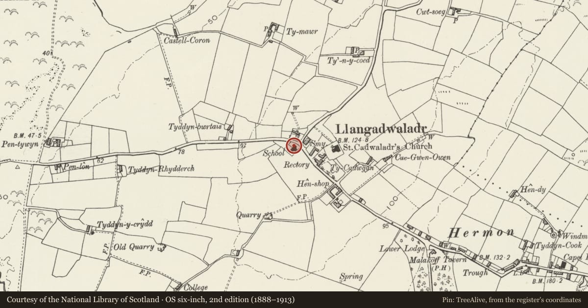 Ordnance Survey six-inch map, 2nd edition (1888–1913) covering the location of Old School, Bodorgan, Isle of Anglesey, with a pin at the register's coordinates