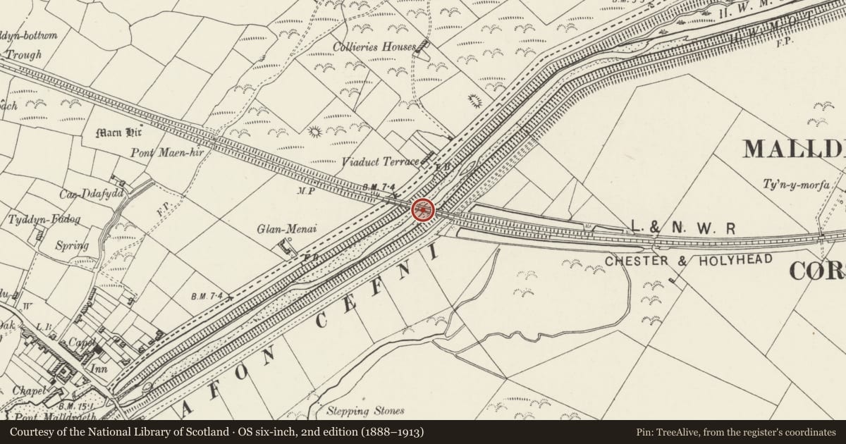Ordnance Survey six-inch map, 2nd edition (1888–1913) covering the location of Railway Viaduct north of Malltraeth, Bodorgan, Isle of Anglesey, with a pin at the register's coordinates