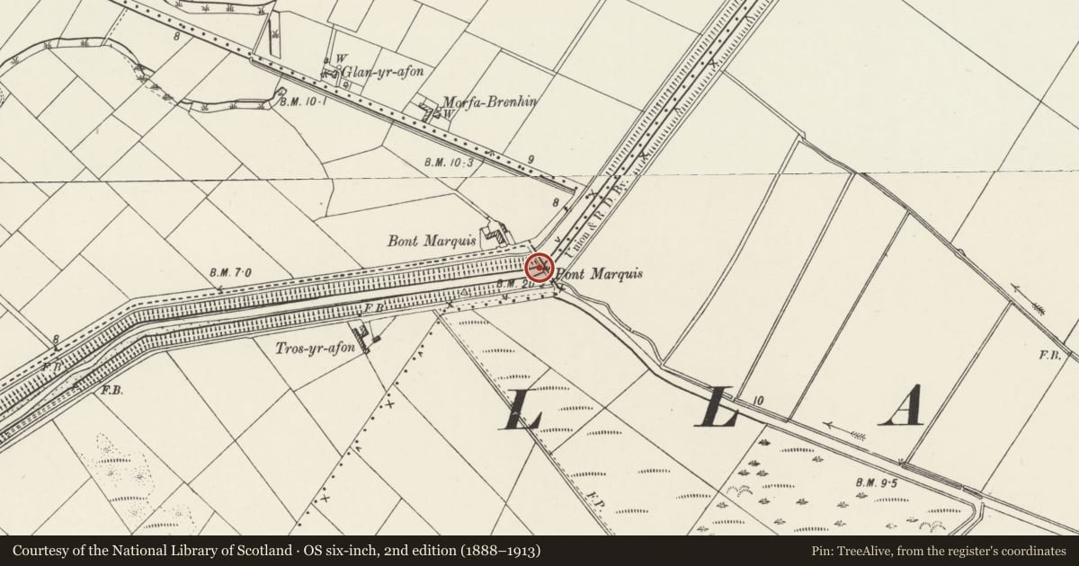 Ordnance Survey six-inch map, 2nd edition (1888–1913) covering the location of Pont Marquis, Bodorgan, Isle of Anglesey, with a pin at the register's coordinates