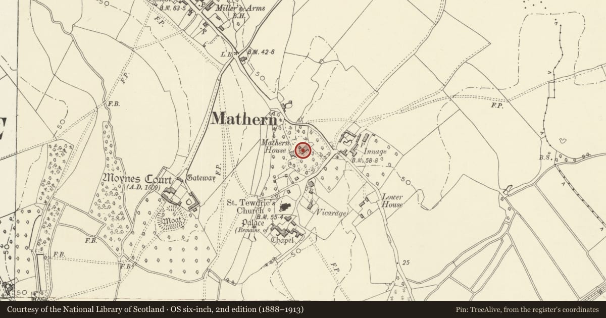 Ordnance Survey six-inch map, 2nd edition (1888–1913) covering the location of Mathern House, Monmouthshire, with a pin at the register's coordinates