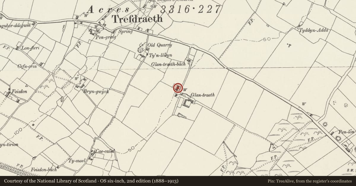 Ordnance Survey six-inch map, 2nd edition (1888–1913) covering the location of Glantraeth House, Bodorgan, Isle of Anglesey, with a pin at the register's coordinates
