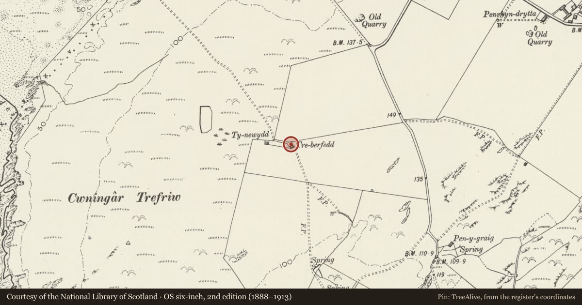 Ordnance Survey six-inch map, 2nd edition (1888–1913) covering the location of Treberfedd, Bodorgan, Isle of Anglesey, with a pin at the register's coordinates