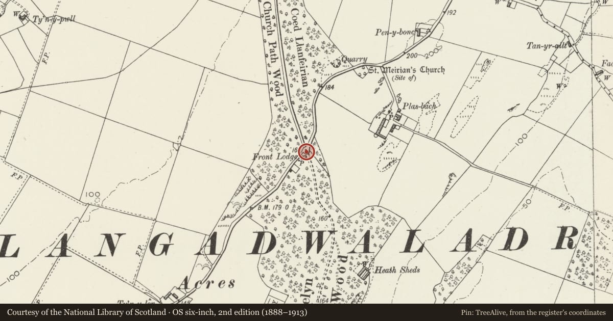 Ordnance Survey six-inch map, 2nd edition (1888–1913) covering the location of Front lodge gates at Bodorgan, Isle of Anglesey, with a pin at the register's coordinates