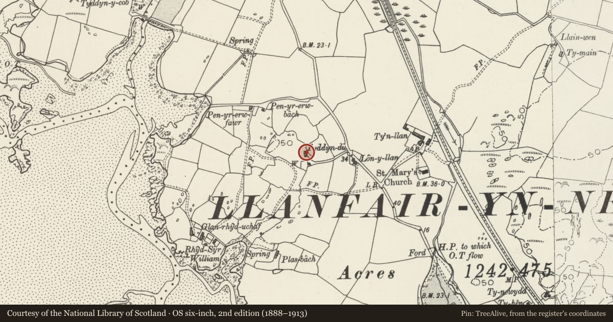Ordnance Survey six-inch map, 2nd edition (1888–1913) covering the location of Tyddyn Du, Llanfair-yn-Neubwll, Isle of Anglesey, with a pin at the register's coordinates