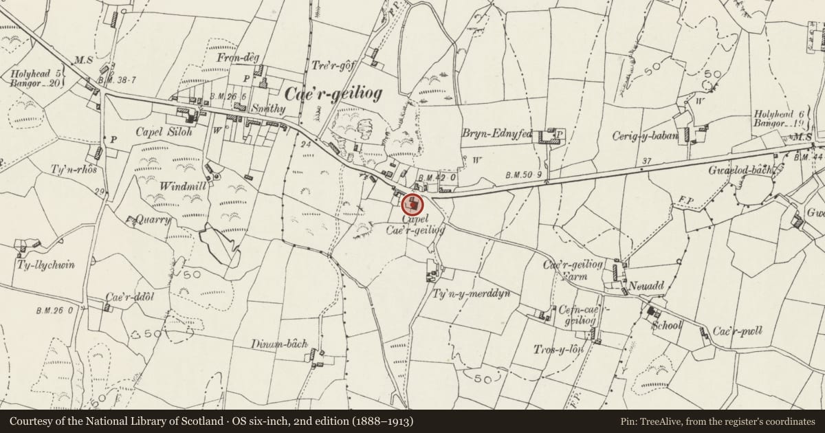 Ordnance Survey six-inch map, 2nd edition (1888–1913) covering the location of Caergeiliog Chapel, Llanfair-yn-Neubwll, Isle of Anglesey, with a pin at the register's coordinates