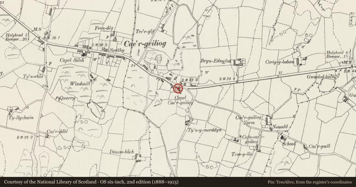 Ordnance Survey six-inch map, 2nd edition (1888–1913) covering the location of Caergeiliog Chapel House with stables and cartshed, Llanfair-yn-Neubwll, Isle of Anglesey, with a pin at the register's coordinates