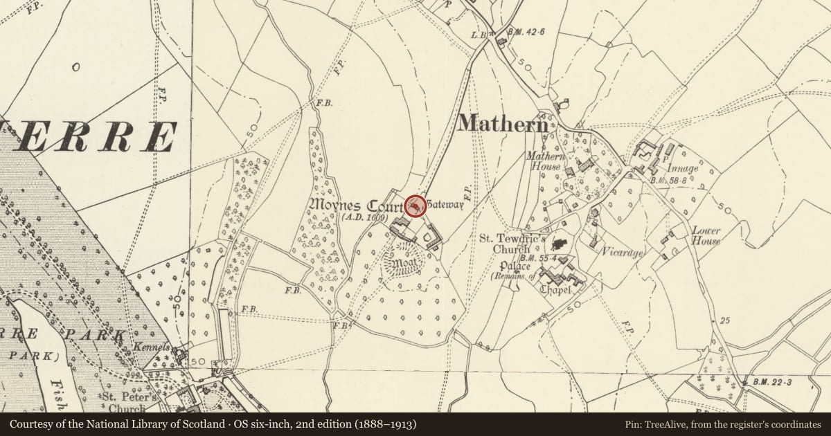 Ordnance Survey six-inch map, 2nd edition (1888–1913) covering the location of Gatehouse at Moynes Court, Mathern, Monmouthshire, with a pin at the register's coordinates