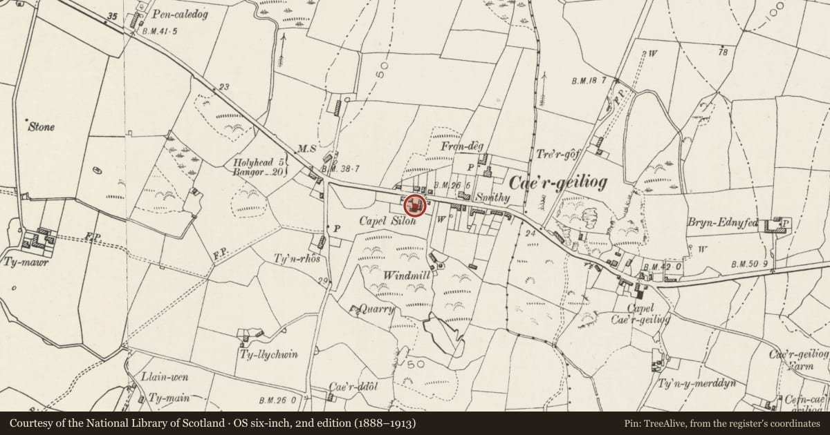 Ordnance Survey six-inch map, 2nd edition (1888–1913) covering the location of Siloh Baptist Chapel and Chapel House with walls, railings and gates, Llanfair-yn-Neubwll, Isle of Anglesey, with a pin at the register's coordinates