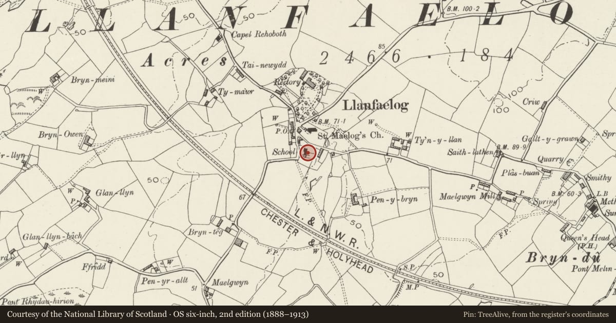 Ordnance Survey six-inch map, 2nd edition (1888–1913) covering the location of Llanfaelog Community Centre, Isle of Anglesey, with a pin at the register's coordinates