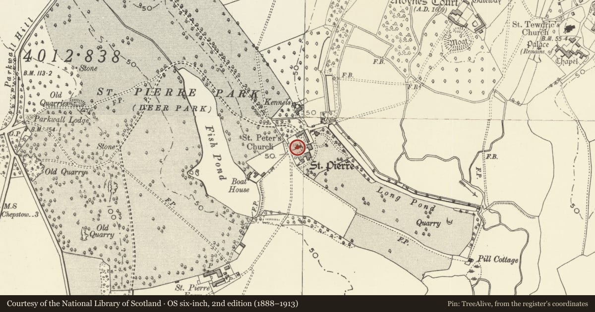 Ordnance Survey six-inch map, 2nd edition (1888–1913) covering the location of Church of St Peter, Mathern, Monmouthshire, with a pin at the register's coordinates