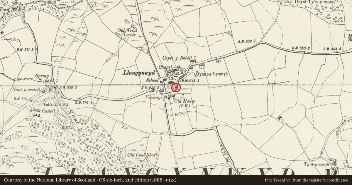 Ordnance Survey six-inch map, 2nd edition (1888–1913) covering the location of Churchyard walls around the graveyard, Church of St Cynwyd, Llangynwyd Middle, Bridgend, with a pin at the register's coordinates
