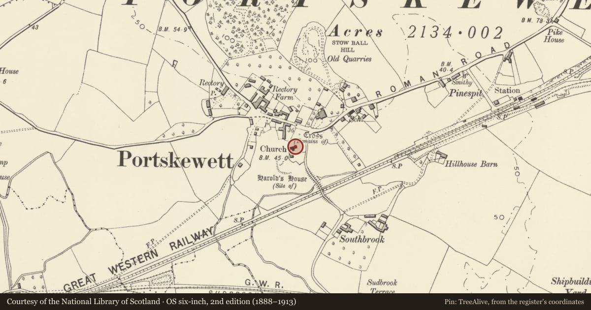 Ordnance Survey six-inch map, 2nd edition (1888–1913) covering the location of Church of St Mary, Portskewett, Monmouthshire, with a pin at the register's coordinates