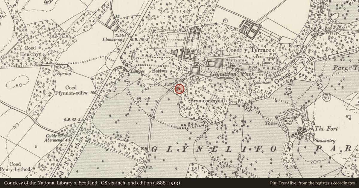 Ordnance Survey six-inch map, 2nd edition (1888–1913) covering the location of Hay-barn to south of Watermill, Llandwrog, Gwynedd, with a pin at the register's coordinates