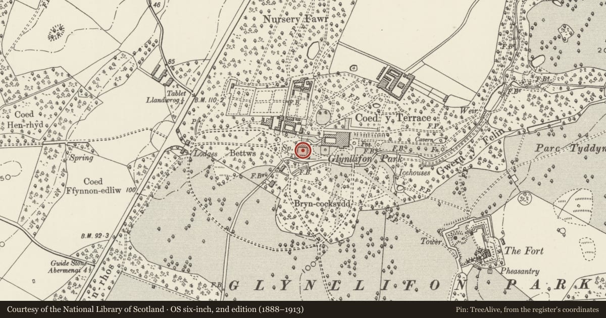 Ordnance Survey six-inch map, 2nd edition (1888–1913) covering the location of Stable Courtyard at Glynllifon, Llandwrog, Gwynedd, with a pin at the register's coordinates