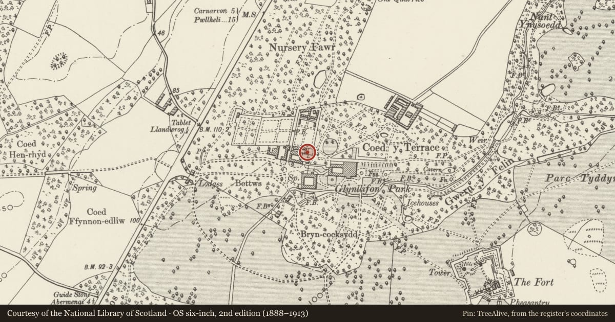 Ordnance Survey six-inch map, 2nd edition (1888–1913) covering the location of Gardener's Cottage and attached archway to south of Kitchen Gardens, Llandwrog, Gwynedd, with a pin at the register's coordinates