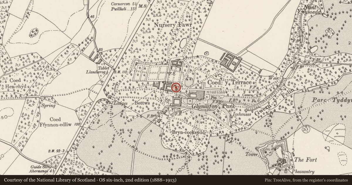 Ordnance Survey six-inch map, 2nd edition (1888–1913) covering the location of Eastern Walled Kitchen Garden, Llandwrog, Gwynedd, with a pin at the register's coordinates