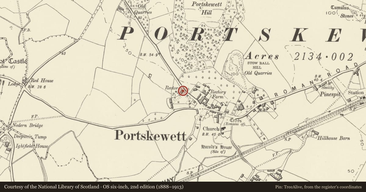 Ordnance Survey six-inch map, 2nd edition (1888–1913) covering the location of The Old Rectory, Portskewett, Monmouthshire, with a pin at the register's coordinates