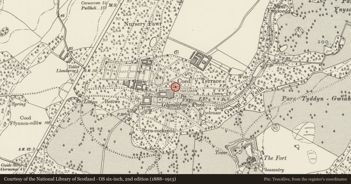 Ordnance Survey six-inch map, 2nd edition (1888–1913) covering the location of Sundial to rear of Glynllifon House, Llandwrog, Gwynedd, with a pin at the register's coordinates