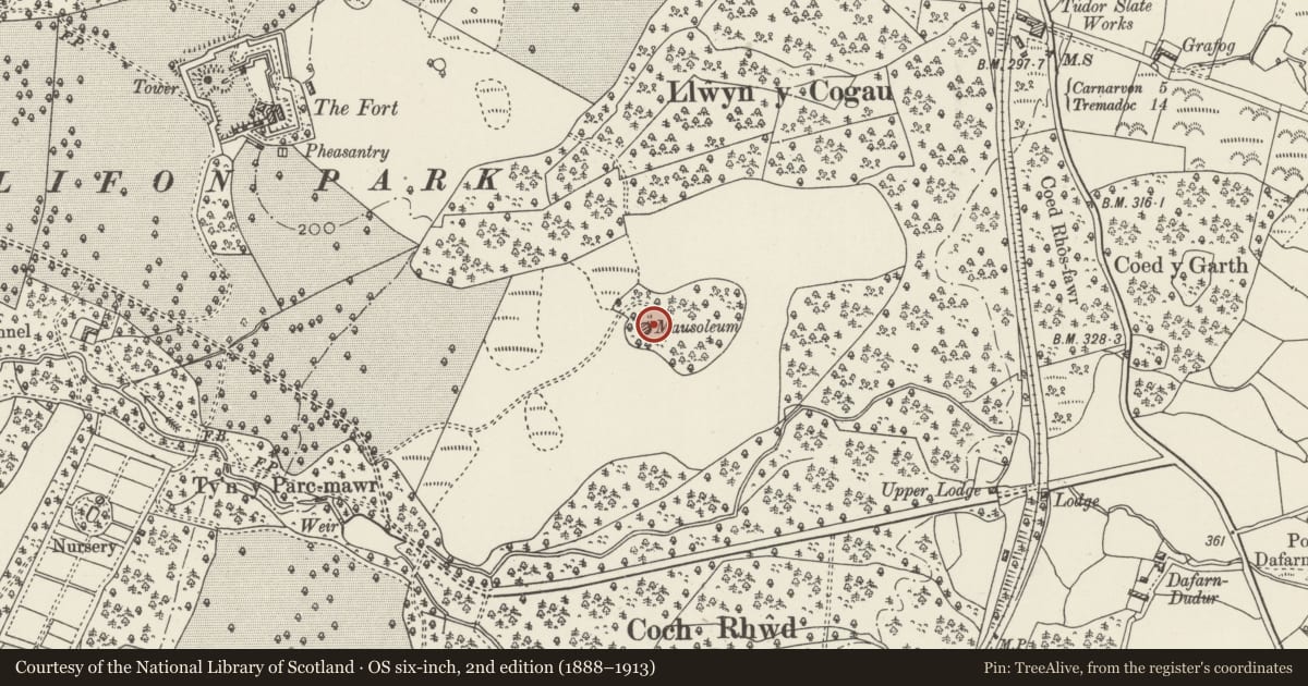 Ordnance Survey six-inch map, 2nd edition (1888–1913) covering the location of Mausoleum, Llandwrog, Gwynedd, with a pin at the register's coordinates