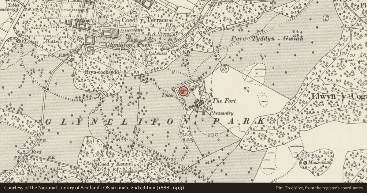 Ordnance Survey six-inch map, 2nd edition (1888–1913) covering the location of Magazine at Fort Williamsburg, Llandwrog, Gwynedd, with a pin at the register's coordinates