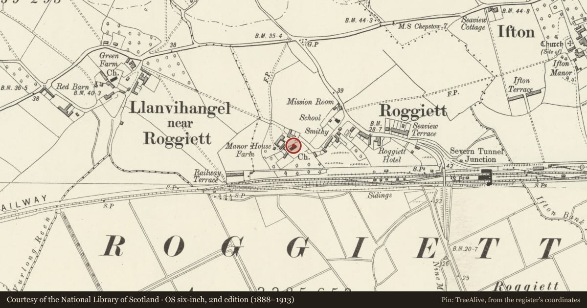 Ordnance Survey six-inch map, 2nd edition (1888–1913) covering the location of Church of St Mary, Rogiet, Monmouthshire, with a pin at the register's coordinates