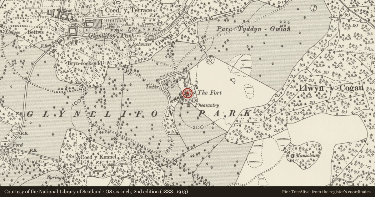 Ordnance Survey six-inch map, 2nd edition (1888–1913) covering the location of Barracks at Fort Williamsburg, Llandwrog, Gwynedd, with a pin at the register's coordinates