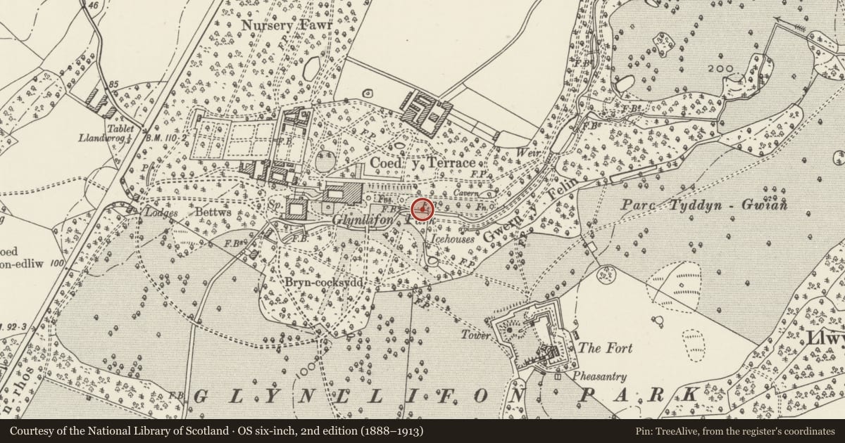 Ordnance Survey six-inch map, 2nd edition (1888–1913) covering the location of Footbridge over Afon Llifon to east of house, Llandwrog, Gwynedd, with a pin at the register's coordinates