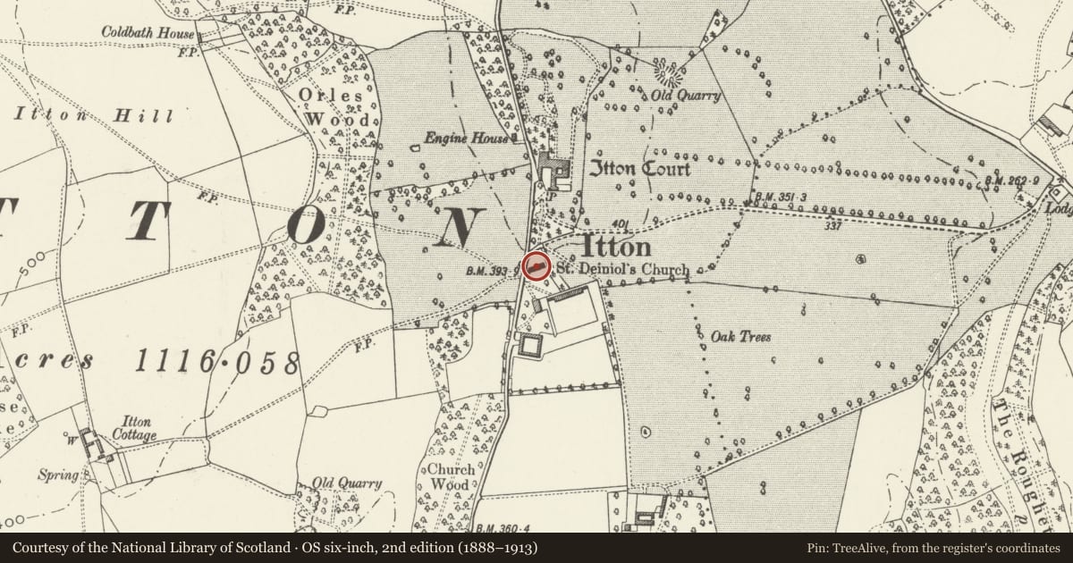 Ordnance Survey six-inch map, 2nd edition (1888–1913) covering the location of Church of St Deiniol, Devauden, Monmouthshire, with a pin at the register's coordinates