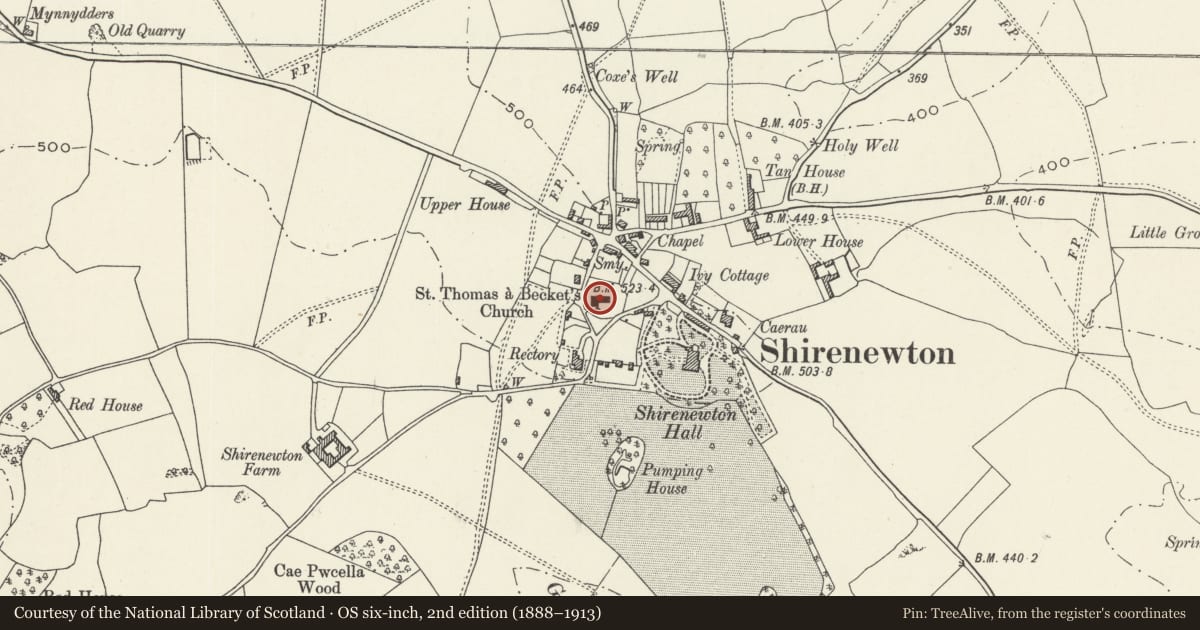 Ordnance Survey six-inch map, 2nd edition (1888–1913) covering the location of Church of St Thomas a Becket, Shirenewton, Monmouthshire, with a pin at the register's coordinates