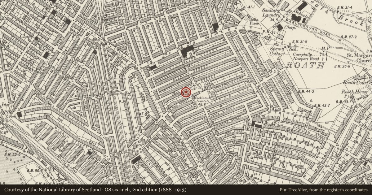 Ordnance Survey six-inch map, 2nd edition (1888–1913) covering the location of Plasnewydd Presbyterian Church and attached Hall, Roath, Cardiff, with a pin at the register's coordinates