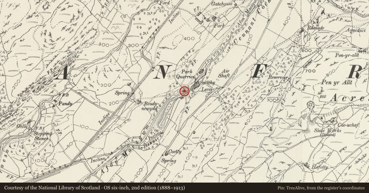 Ordnance Survey six-inch map, 2nd edition (1888–1913) covering the location of Ceunant-y-Parc, Llanfrothen, Gwynedd, with a pin at the register's coordinates
