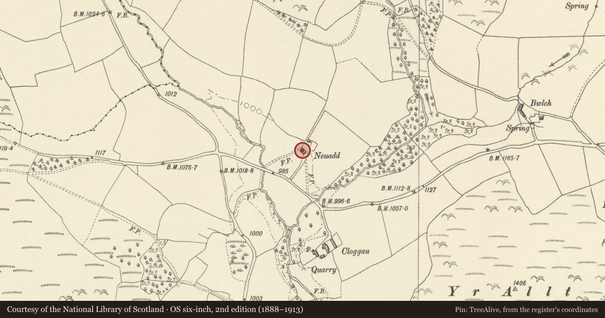 Ordnance Survey six-inch map, 2nd edition (1888–1913) covering the location of Neuadd Barn, Gladestry, Powys, with a pin at the register's coordinates