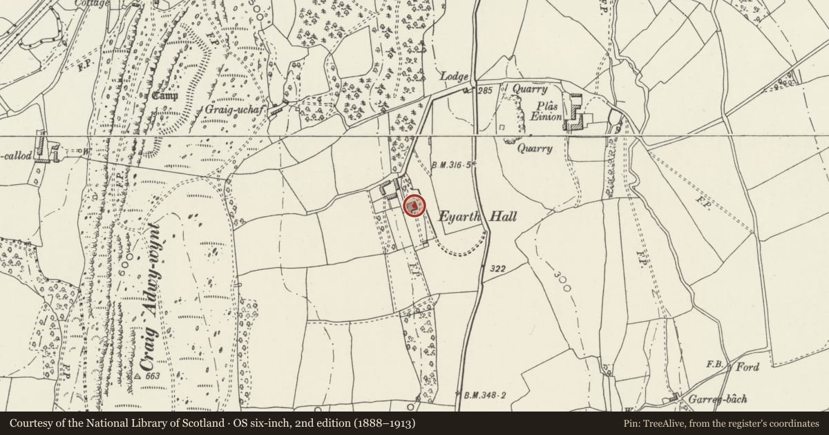 Ordnance Survey six-inch map, 2nd edition (1888–1913) covering the location of Eyarth Hall, Llanfair Dyffryn Clwyd, Denbighshire, with a pin at the register's coordinates