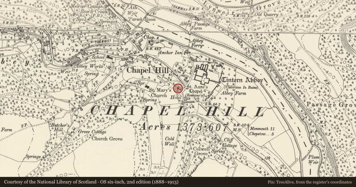 Ordnance Survey six-inch map, 2nd edition (1888–1913) covering the location of St Anne's House, Wye Valley, Monmouthshire, with a pin at the register's coordinates