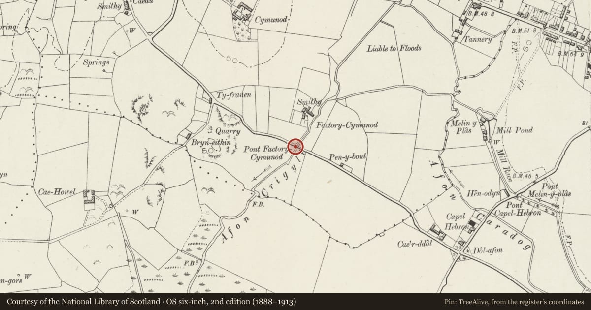Ordnance Survey six-inch map, 2nd edition (1888–1913) covering the location of Pont Cymunod, over the Afon Crugyll, Bryngwran, Isle of Anglesey, with a pin at the register's coordinates