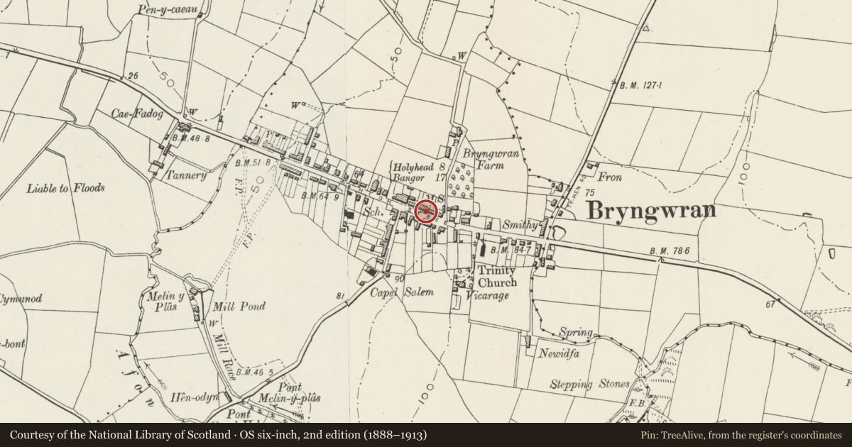 Ordnance Survey six-inch map, 2nd edition (1888–1913) covering the location of Telford Milestone (8), Bryngwran, Isle of Anglesey, with a pin at the register's coordinates