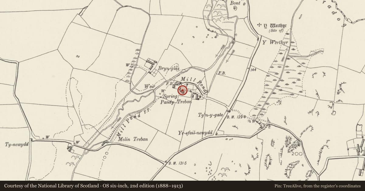 Ordnance Survey six-inch map, 2nd edition (1888–1913) covering the location of Pandy Treban, Bryngwran, Isle of Anglesey, with a pin at the register's coordinates