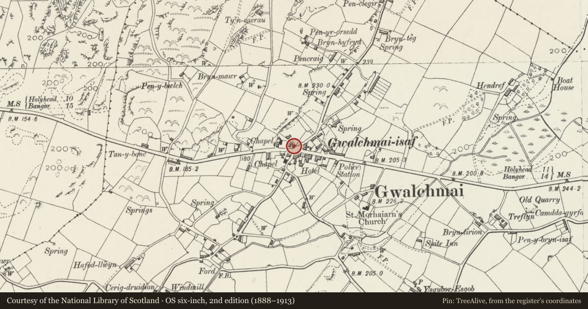 Ordnance Survey six-inch map, 2nd edition (1888–1913) covering the location of War memorial, Trewalchmai, Isle of Anglesey, with a pin at the register's coordinates