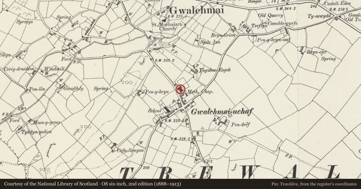 Ordnance Survey six-inch map, 2nd edition (1888–1913) covering the location of Jerusalem Chapel, Trewalchmai, Isle of Anglesey, with a pin at the register's coordinates