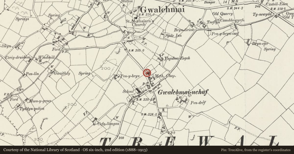 Ordnance Survey six-inch map, 2nd edition (1888–1913) covering the location of Ty Capel, Trewalchmai, Isle of Anglesey, with a pin at the register's coordinates
