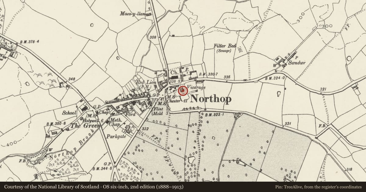 Ordnance Survey six-inch map, 2nd edition (1888–1913) covering the location of Lislea House, Northop, Flintshire, with a pin at the register's coordinates