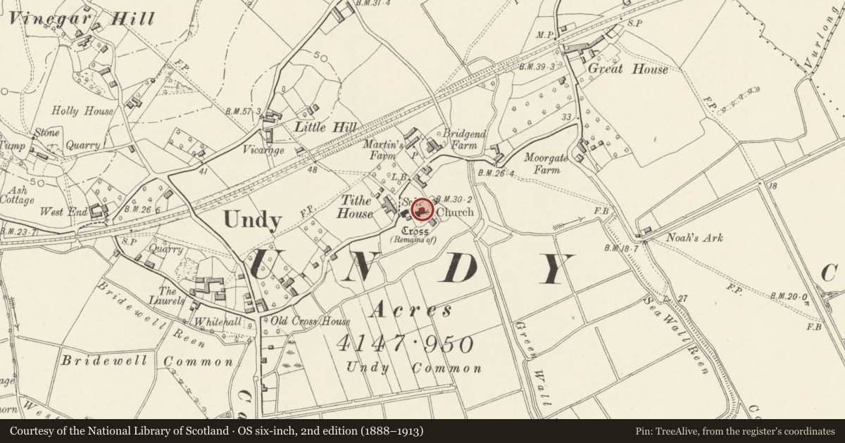 Ordnance Survey six-inch map, 2nd edition (1888–1913) covering the location of Church of St Mary, Magor with Undy, Monmouthshire, with a pin at the register's coordinates