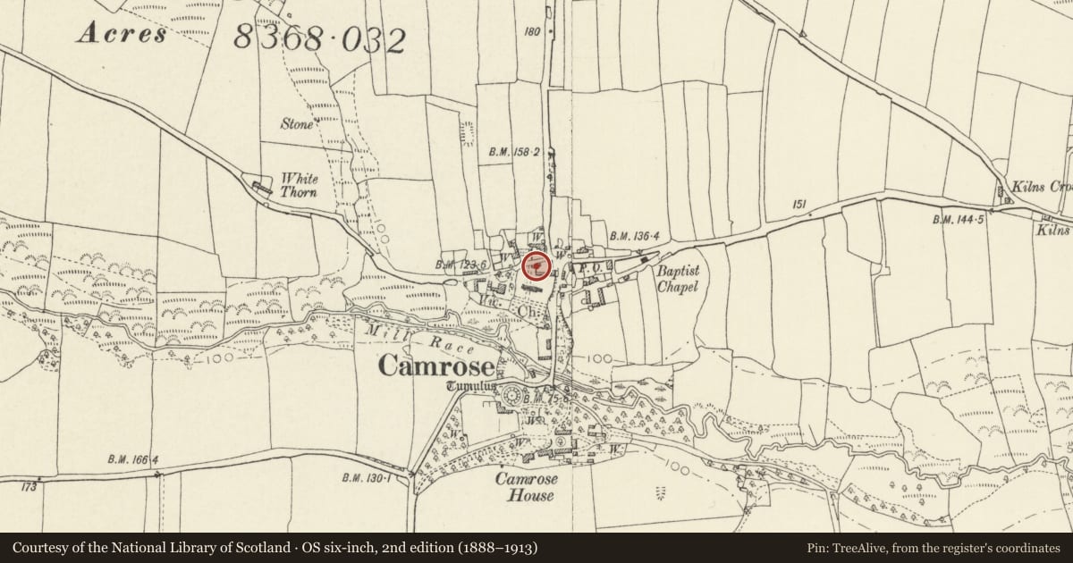Ordnance Survey six-inch map, 2nd edition (1888–1913) covering the location of Camrose Village Hall, Pembrokeshire, with a pin at the register's coordinates