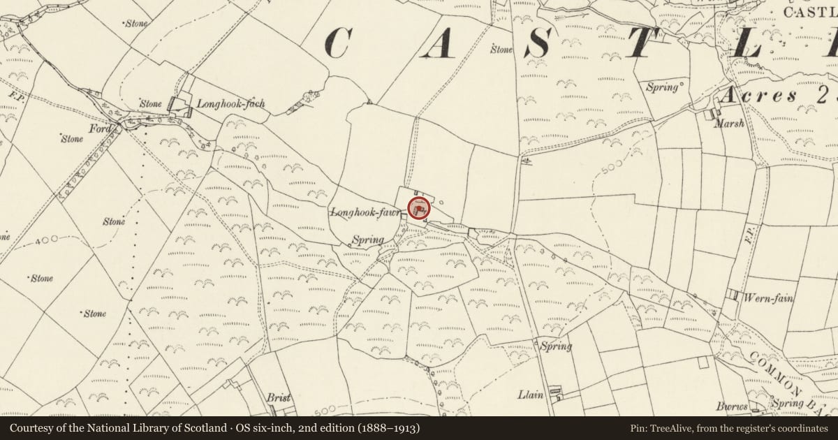 Ordnance Survey six-inch map, 2nd edition (1888–1913) covering the location of Long Hook Fawr Farmhouse, Puncheston, Pembrokeshire, with a pin at the register's coordinates