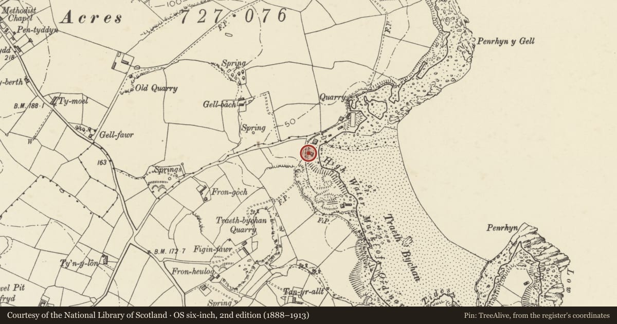 Ordnance Survey six-inch map, 2nd edition (1888–1913) covering the location of Lime kiln, Llaneugrad, Isle of Anglesey, with a pin at the register's coordinates